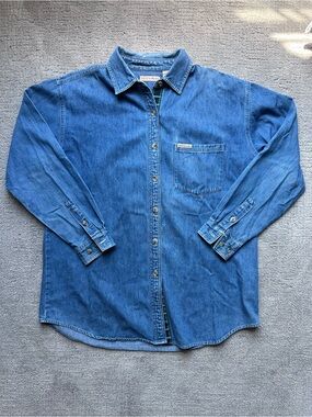 Mountain Lake Women’s Blue Cotton Chambray Button-Down Shirt Plaid Liner